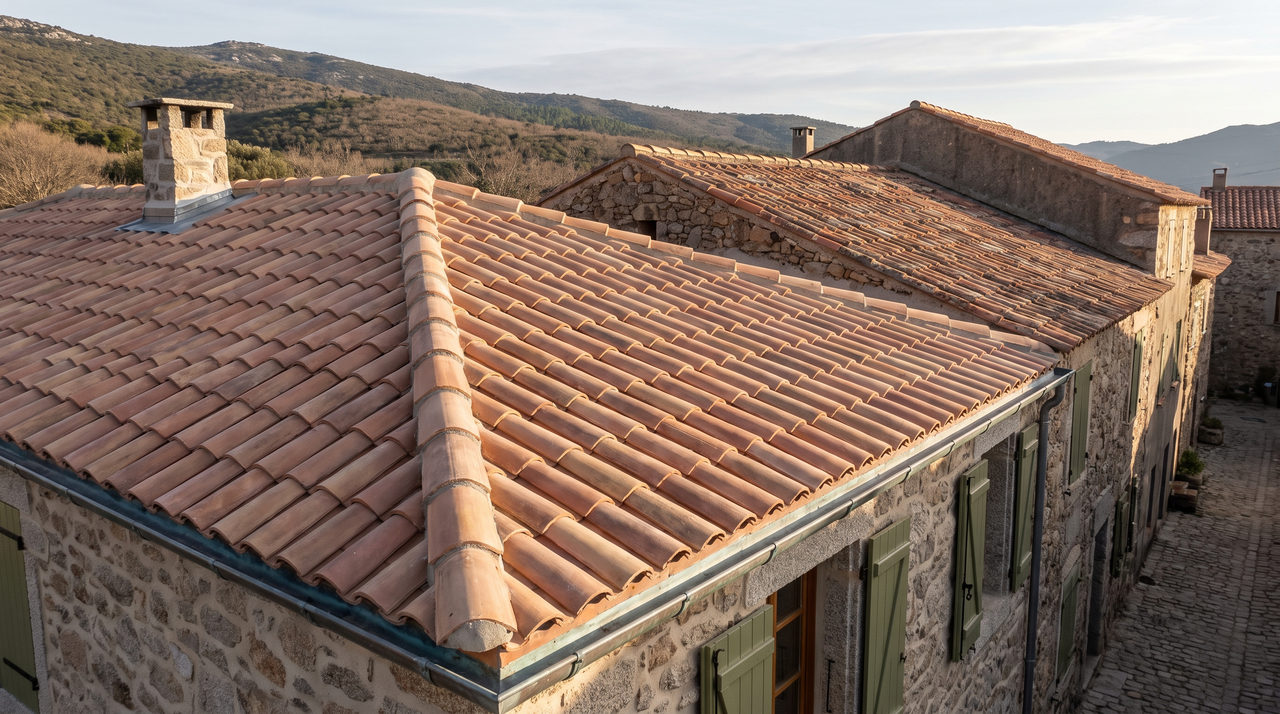 Toiture en tuiles canal terminée, intégrée aux toits voisins d'un village corse