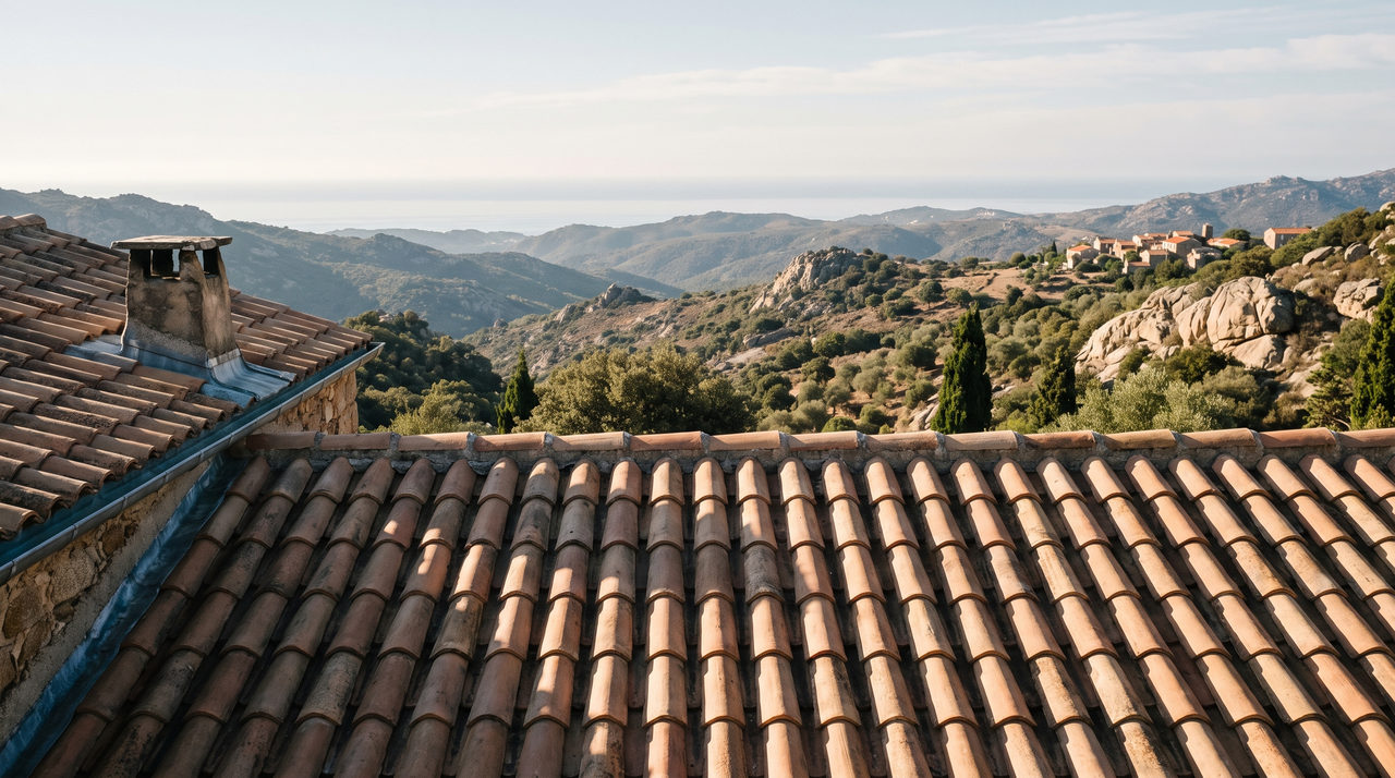 Toiture corse au premier plan et arrière-pays du golfe du Valinco